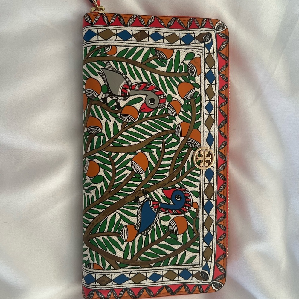 Tory Burch orange colorful Bird Pattern Wallet